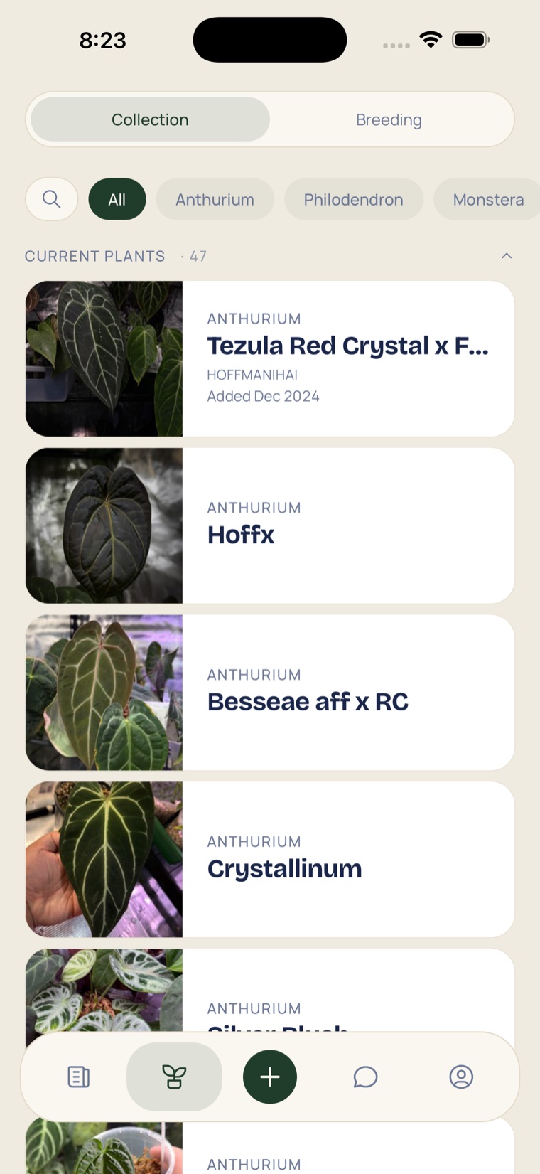 Diora collection screen: a searchable list of plants with photos, each labelled by genus.